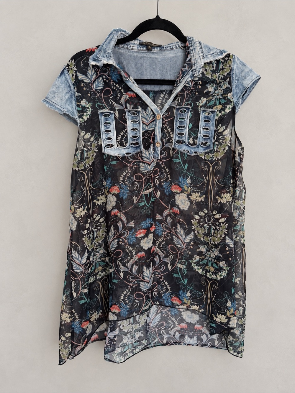 Lavena XL Sheer Floral Denim-Look Mixed Media Tunic Top